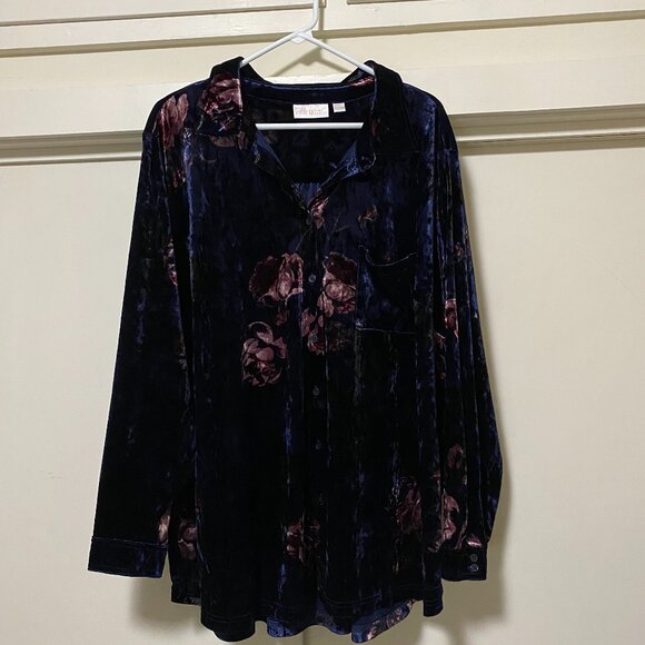 Belle by Kim Gravel, button-down navy crushed velveteen blouse w/roses, size 2X - Picture 1 of 12